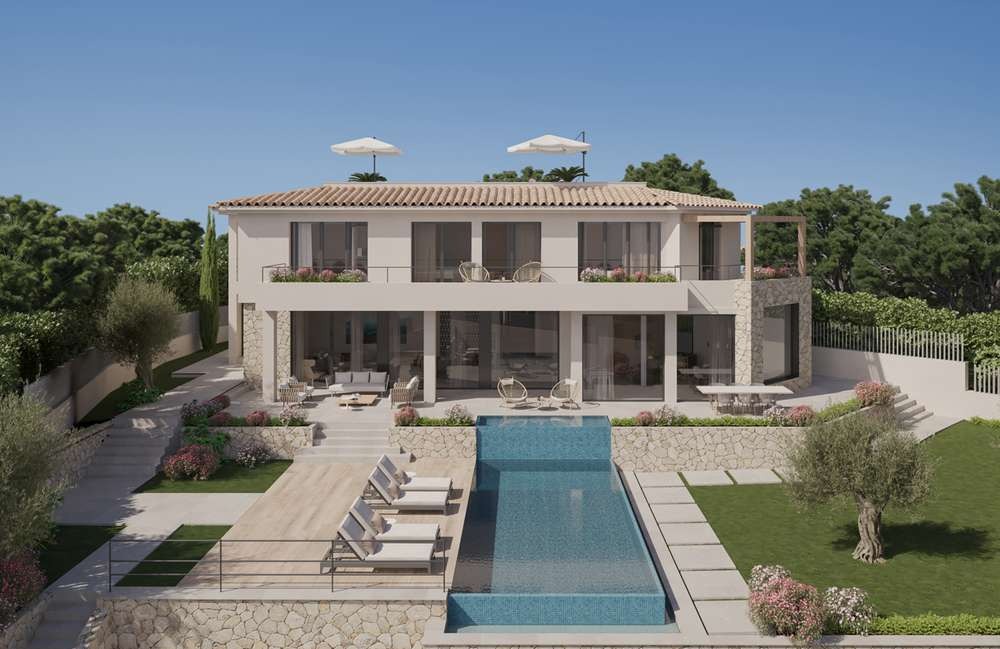 Villa and infinity pool viewed from the garden